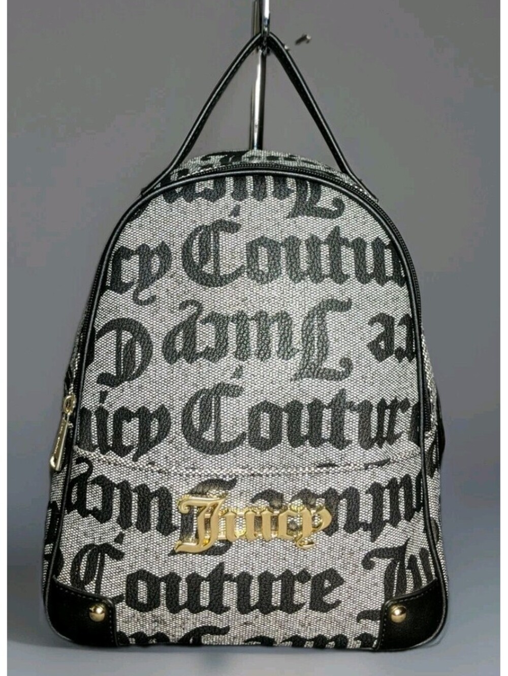 Juicy Couture Black Gray Gothic Logo Monogram Mini Backpack Canvas Gold Hardware